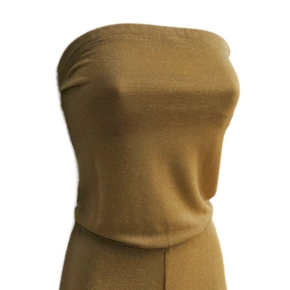 SOLD 70s Studio 54 Disco Jumpsuit Lame Golden Glitter Strapless Wide Leg S - Picture 3 of 9